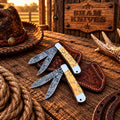 Orange Stone Damascus Trapper Knife Set with Pancake Leather Sheaths