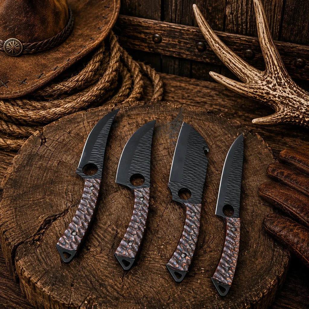Outdoor Kitchen Knife Set – Hand Forged D2 Steel Powder Coated Blades & Jigged Wood Handles