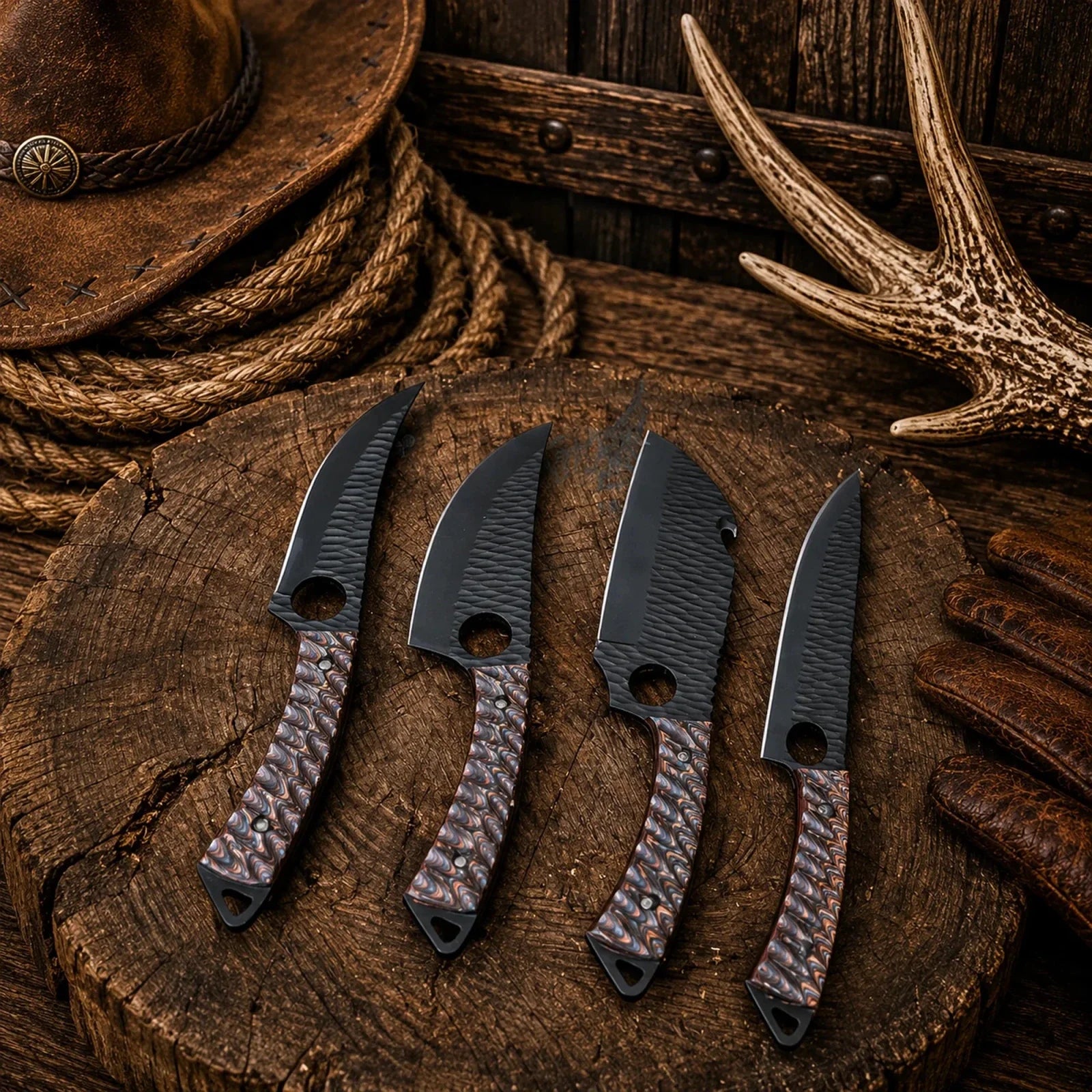 Outdoor Kitchen Knife Set – Hand Forged D2 Steel Powder Coated Blades & Jigged Wood Handles