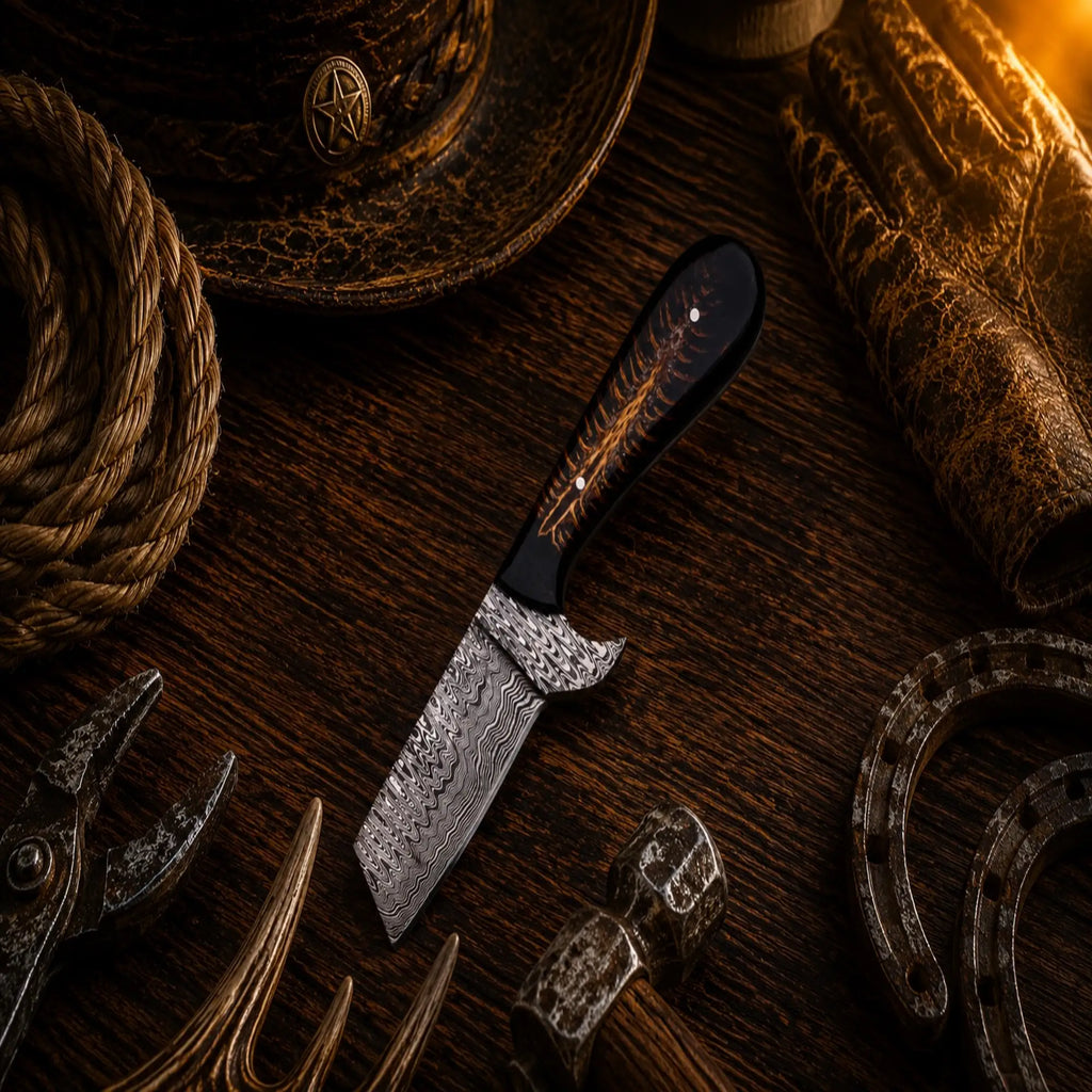 Outlaw Ranch Bull Cutter Knife – Damascus Steel Pinecone Handle