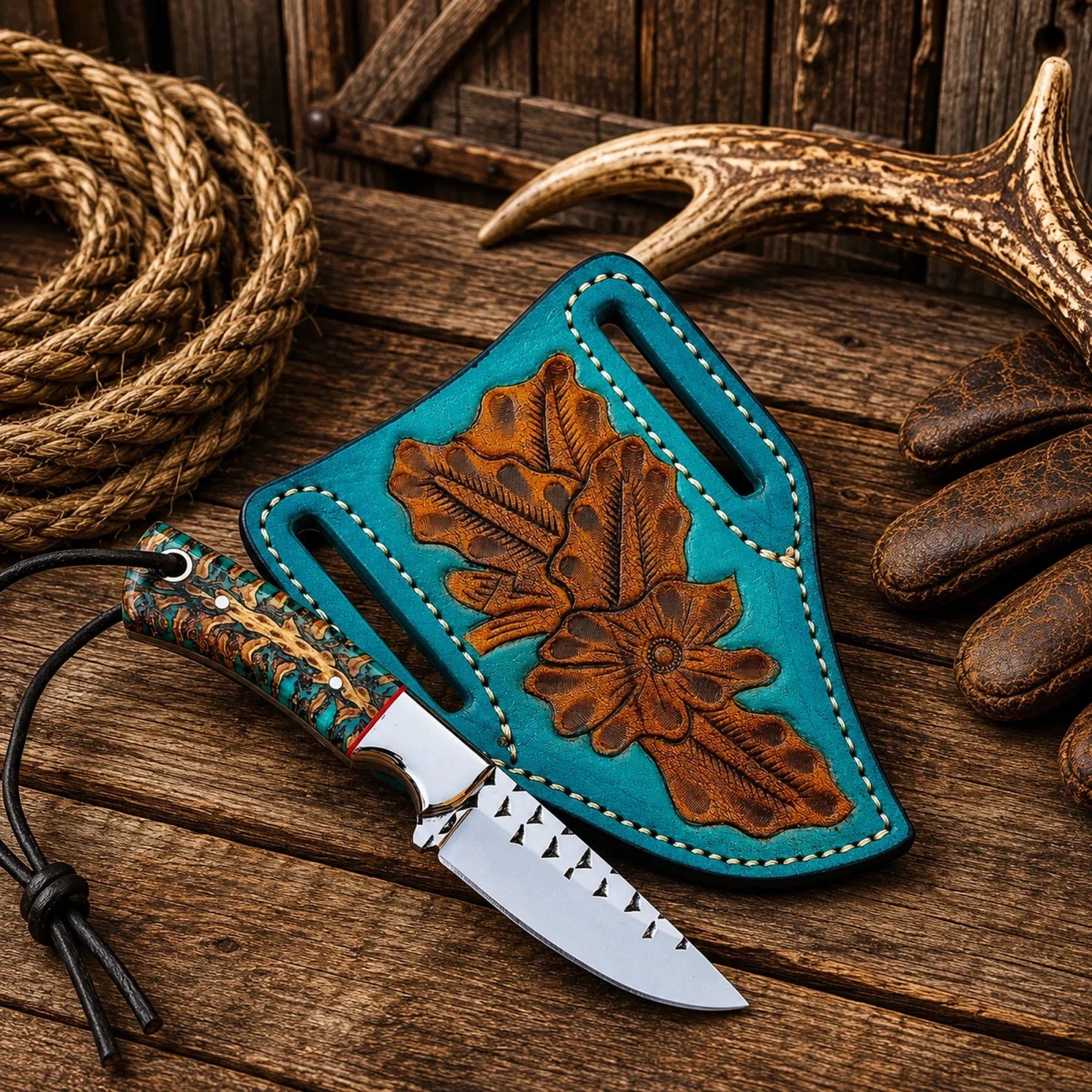 Pancake Leg Sheath Cowboy Field Knife – Rasp Steel Blade & Turquoise Pinecone Handle