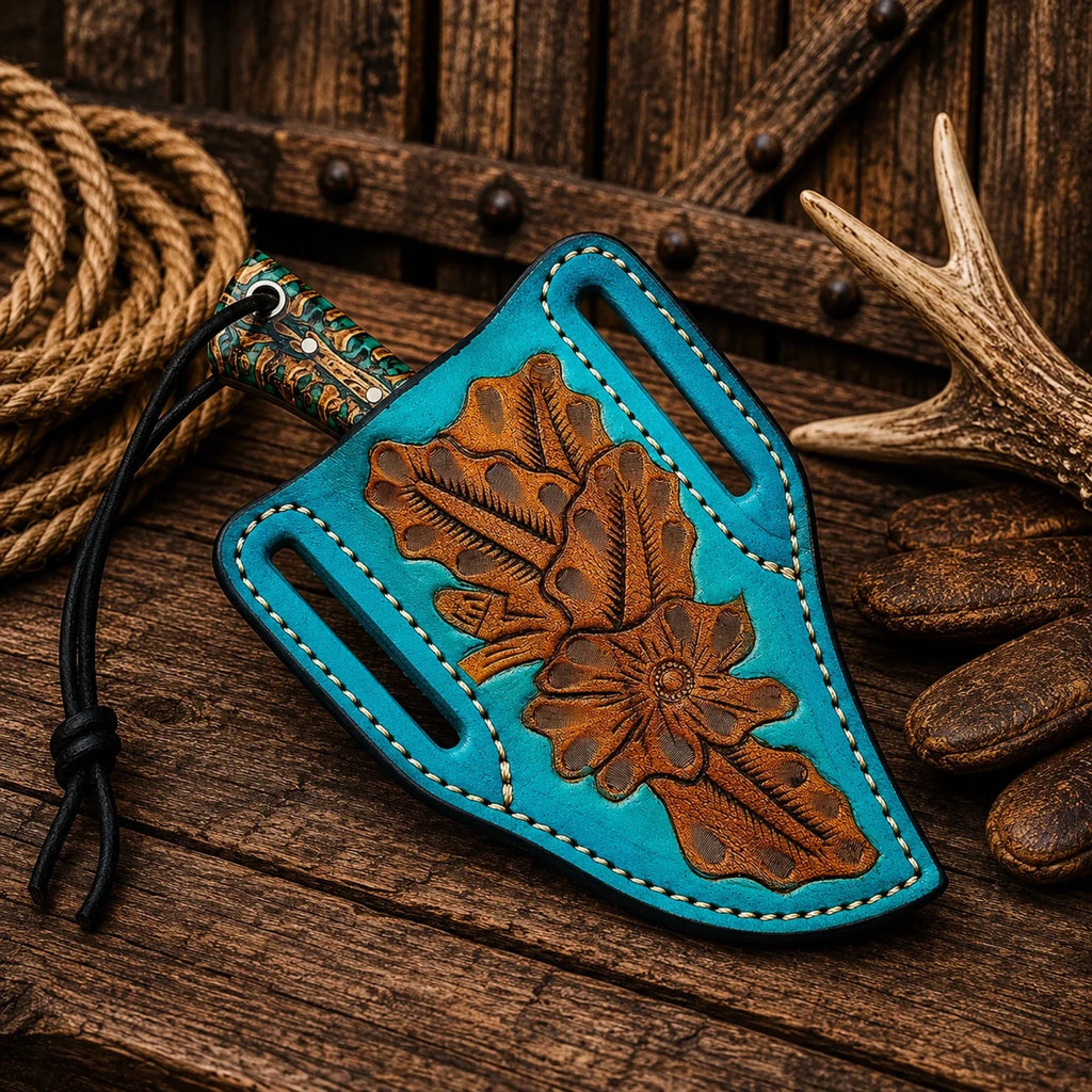 Pancake Leg Sheath Cowboy Field Knife – Rasp Steel Blade & Turquoise Pinecone Handle