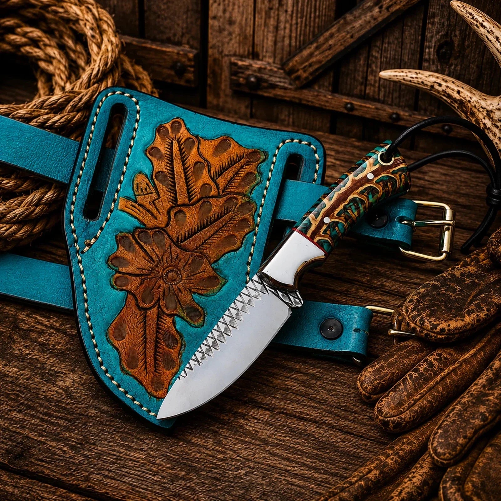 Pancake Leg Sheath Cowboy Field Knife – Rasp Steel Blade & Turquoise Pinecone Handle