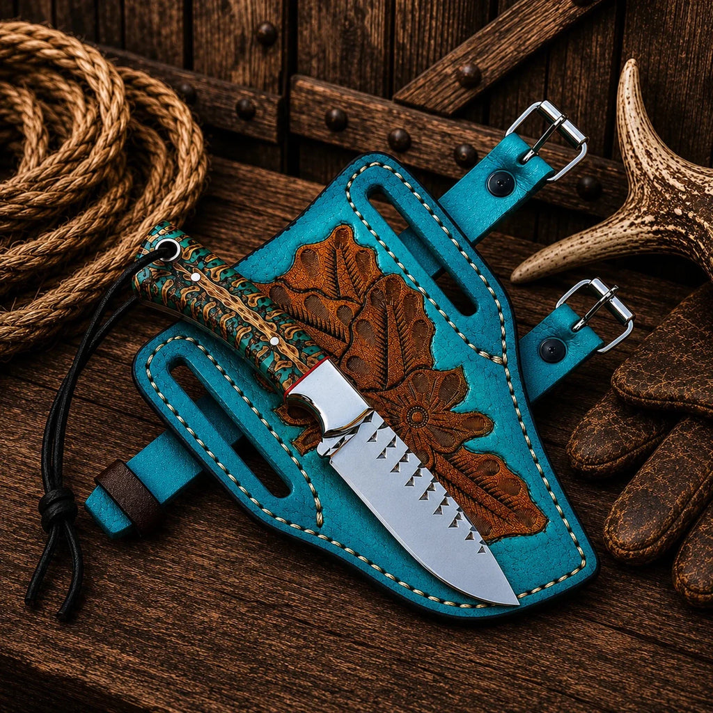 Pancake Leg Sheath Cowboy Field Knife – Rasp Steel Blade & Turquoise Pinecone Handle