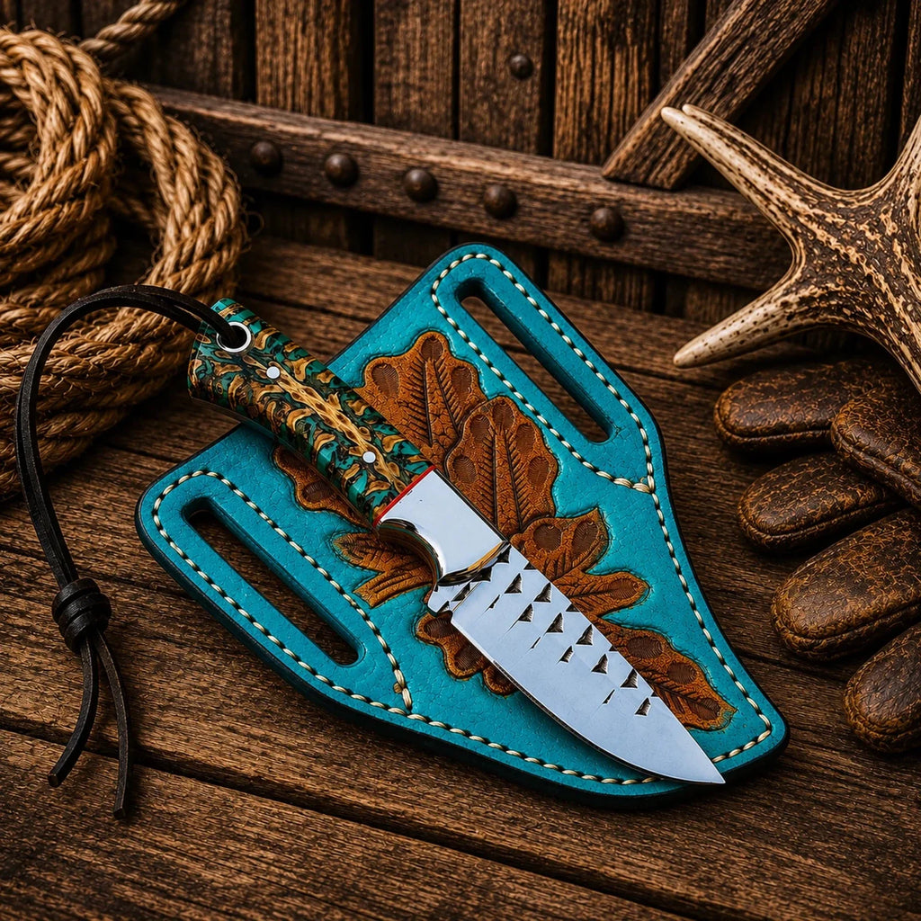 Pancake Leg Sheath Cowboy Field Knife – Rasp Steel Blade & Turquoise Pinecone Handle