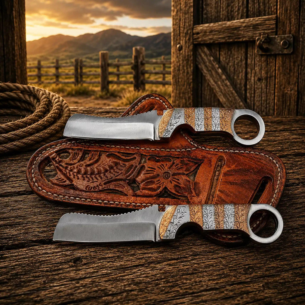 Cowboy Bull Cutter Knife with D2 steel blade and copper engraved handle, shown with pancake sheath, by cskforged.