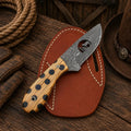 SHAM KNIVES Pancake Sheath EDC Cowboy Knife with Damascus blade and cholla cactus handle, compact and durable pocket knife.