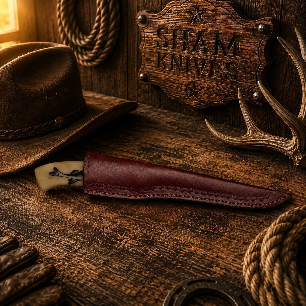 SHAM KNIVES Damascus steel fillet knife with engraved bone handle, 13-inch fishing knife perfect for preparing fish.