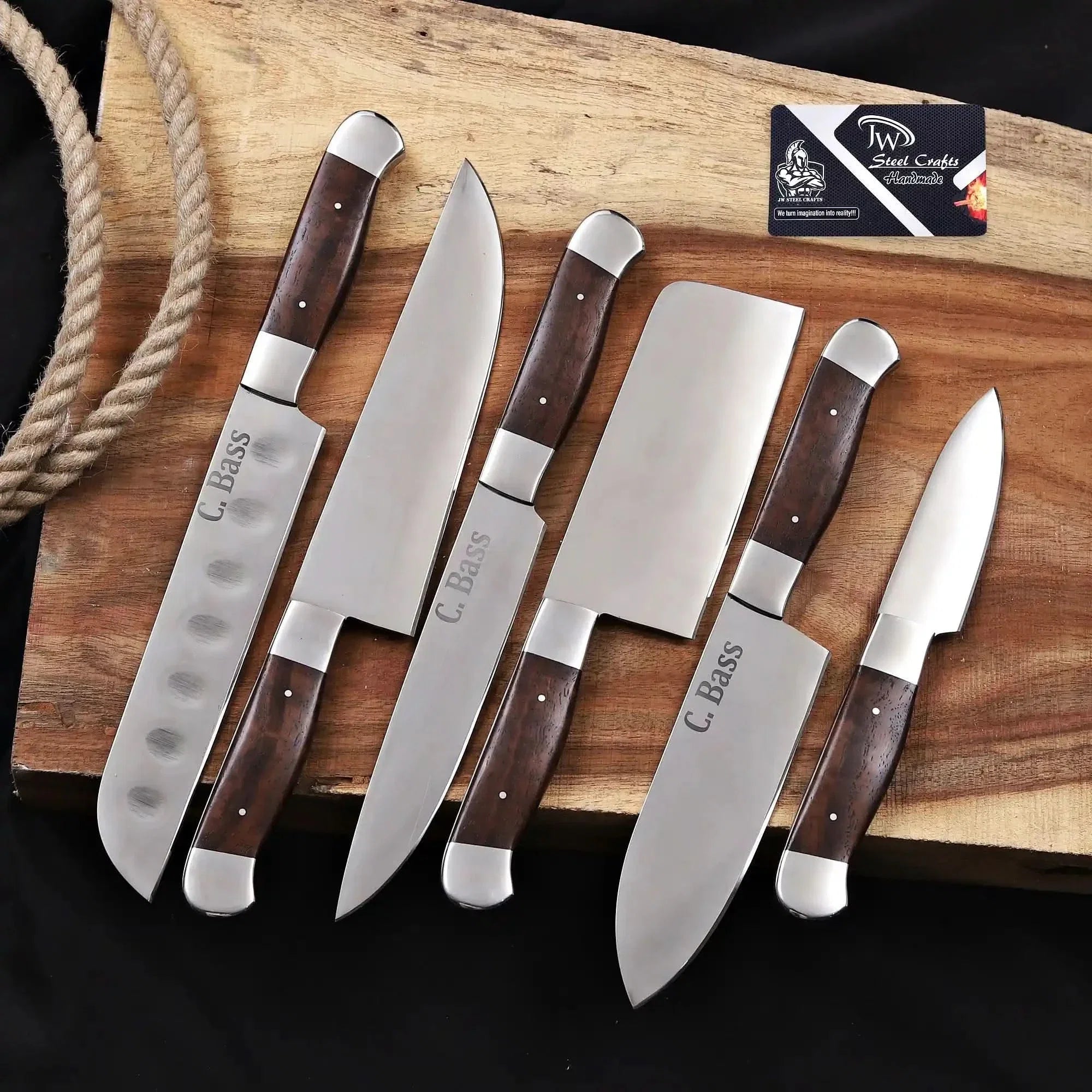 6-Piece High Carbon Steel Kitchen Knife Set with Leather Roll Olive Wood Handles, Steel Bolsters, 7 to 12 Inc