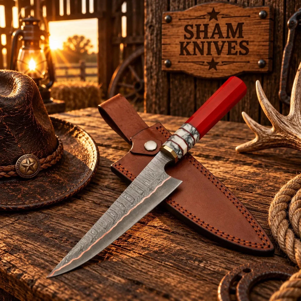Personalized Copper Damascus Kitchen Chef Knife with Epoxy Resin Handle - Relic & Reel