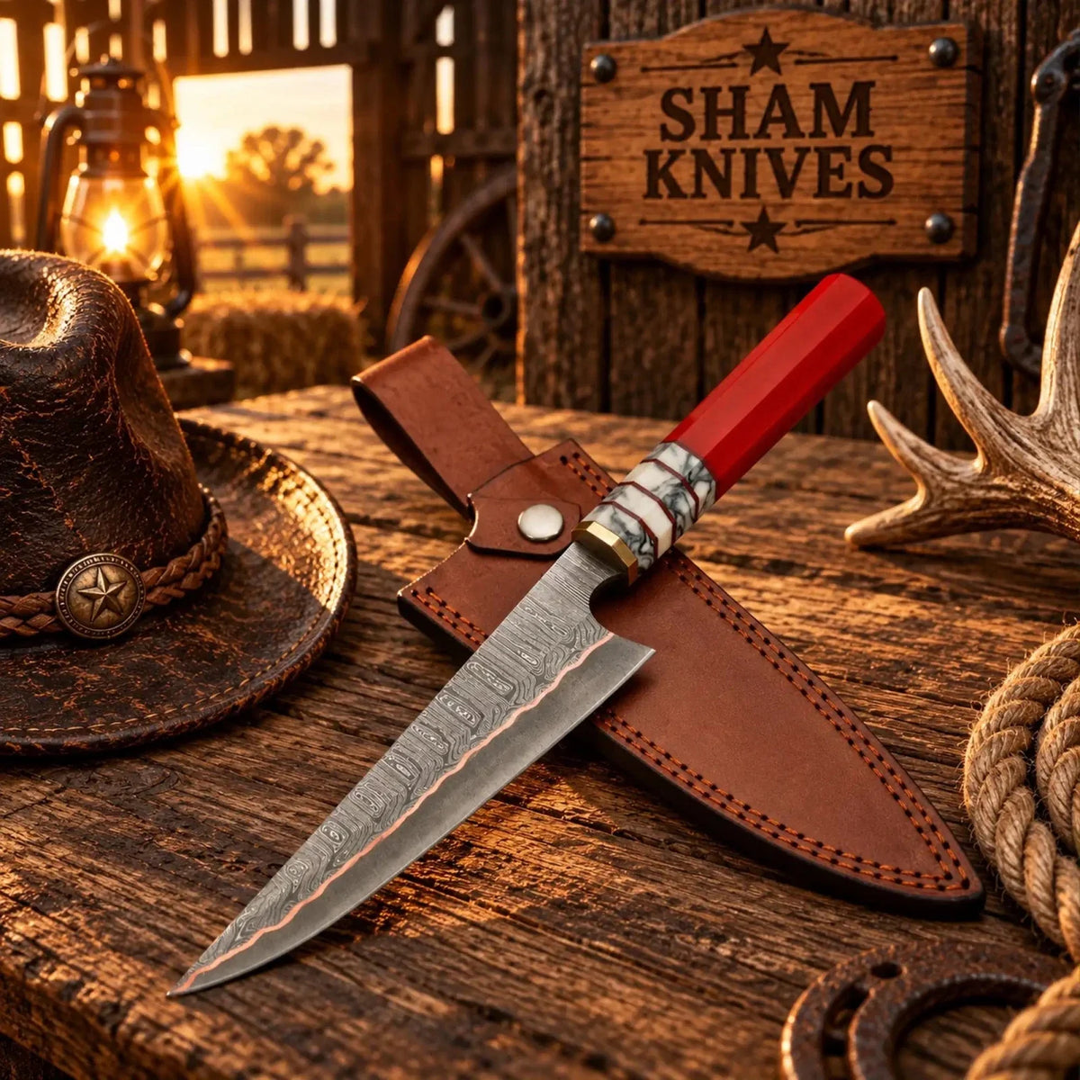 Personalized Copper Damascus Kitchen Chef Knife with Epoxy Resin Handle - Relic & Reel