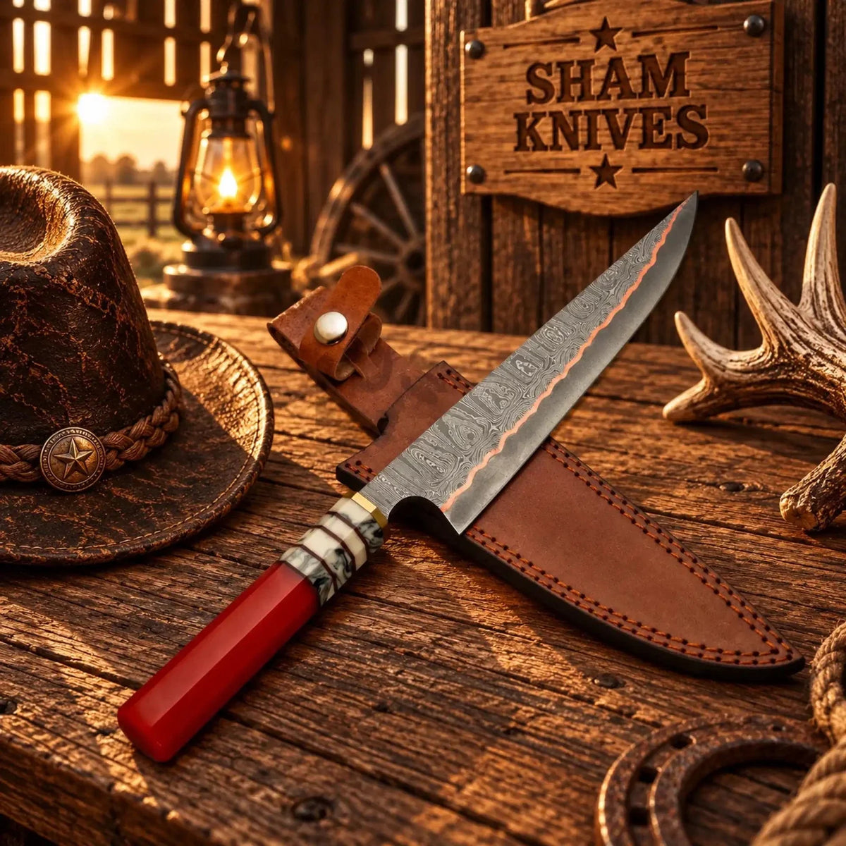 Personalized Copper Damascus Kitchen Chef Knife with Epoxy Resin Handle - Relic & Reel