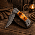 Personalized Damascus Steel Pocket Knife – 7.5” Folding Knife with Burnt Camel Bone Handle & Belt Clip