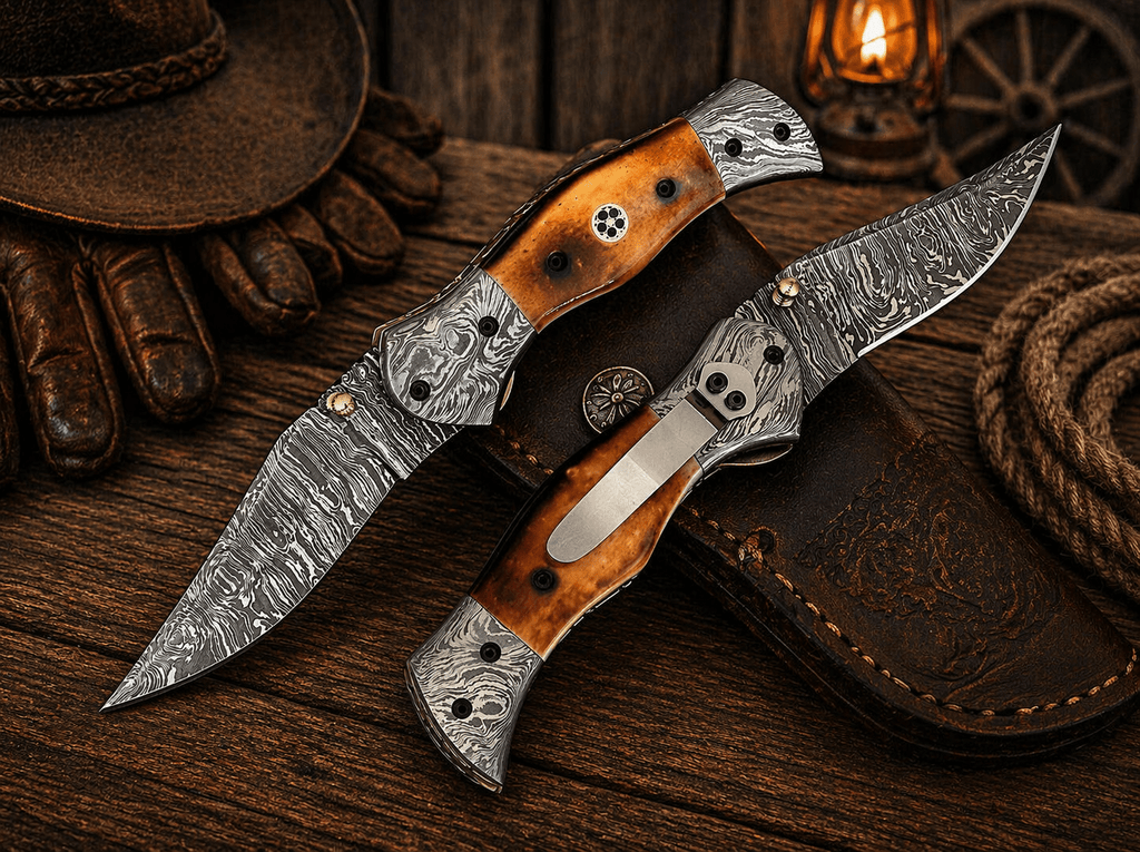 Personalized Damascus Steel Pocket Knife – 7.5” Folding Knife with Burnt Camel Bone Handle & Belt Clip