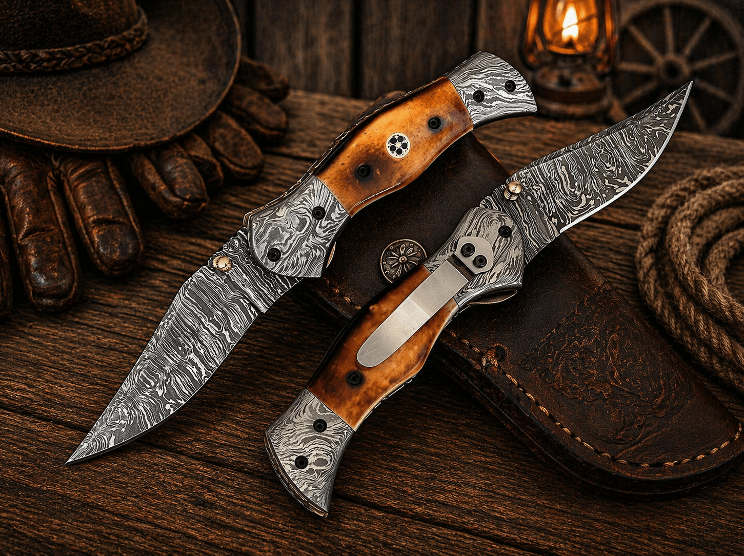 Personalized Damascus Steel Pocket Knife – 7.5” Folding Knife with Burnt Camel Bone Handle & Belt Clip