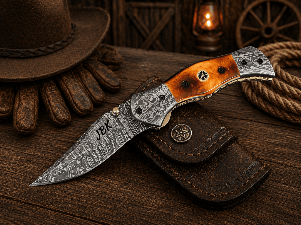 Personalized Damascus Steel Pocket Knife – 7.5” Folding Knife with Burnt Camel Bone Handle & Belt Clip