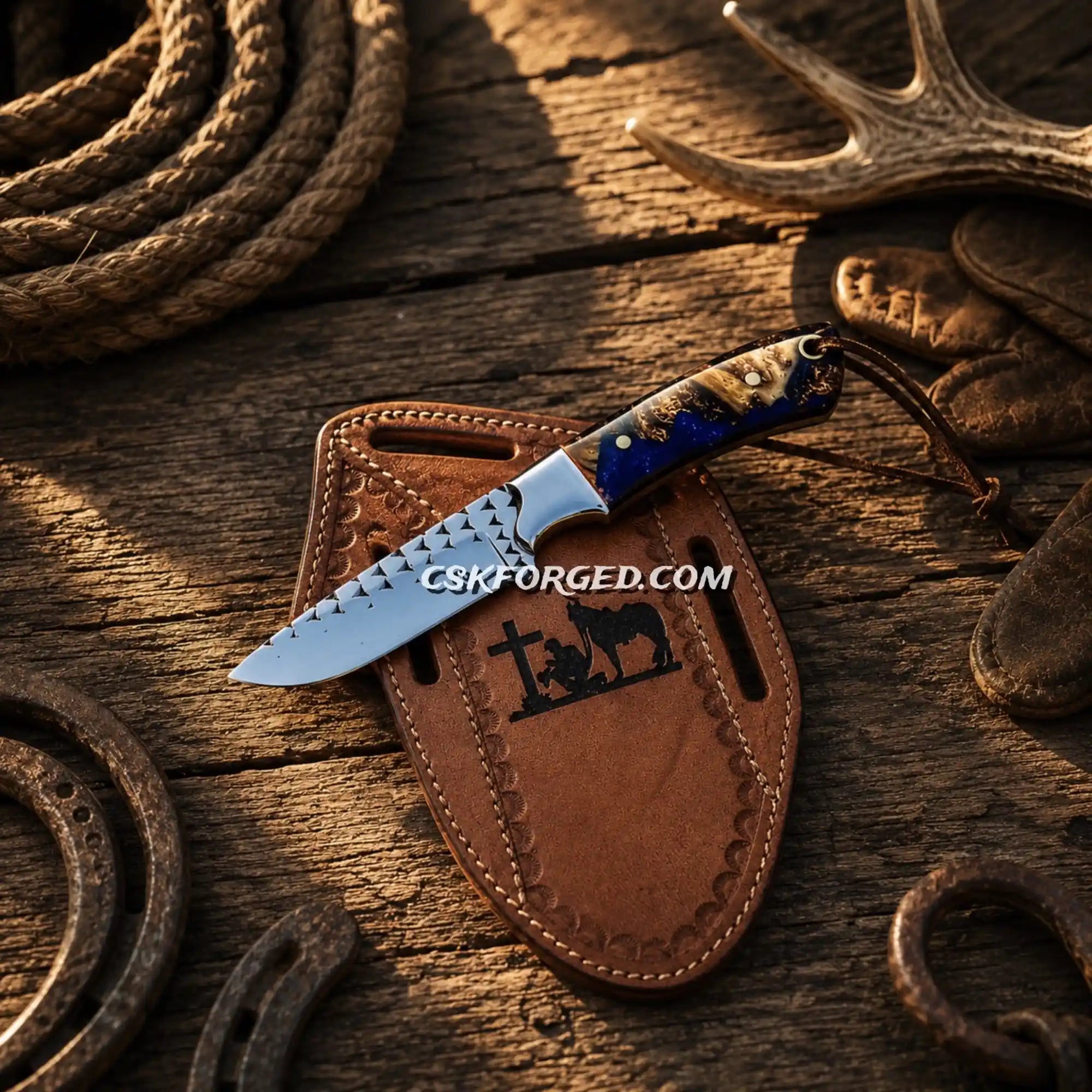 Prairie Sheath Cowboy Carry Knife – 4” Rasp Steel Stabilized Wood