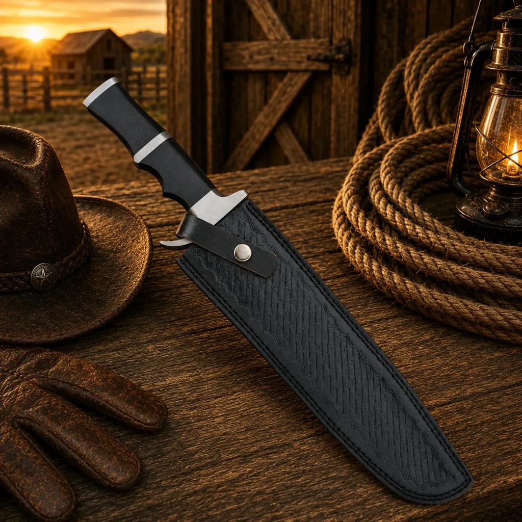 SHAM KNIVES Predator Bowie Knife with 5160 spring steel blade and leather sheath, featuring a rugged, tactical design.