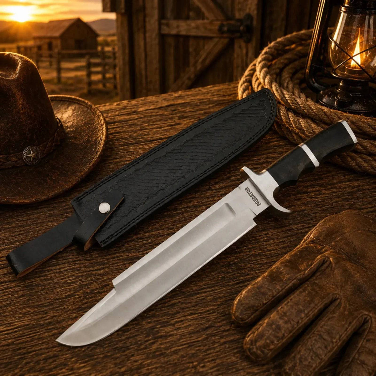 SHAM KNIVES Predator Bowie Knife with 5160 spring steel blade and leather sheath, featuring a rugged and durable design.