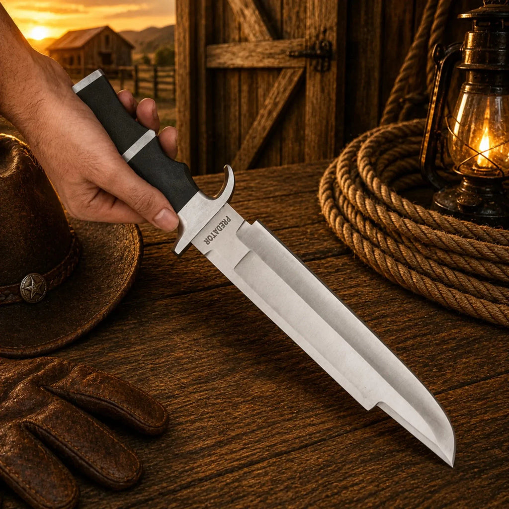 SHAM KNIVES Predator Bowie Knife with 5160 spring steel blade and leather sheath, showcasing a rugged hunting knife design.