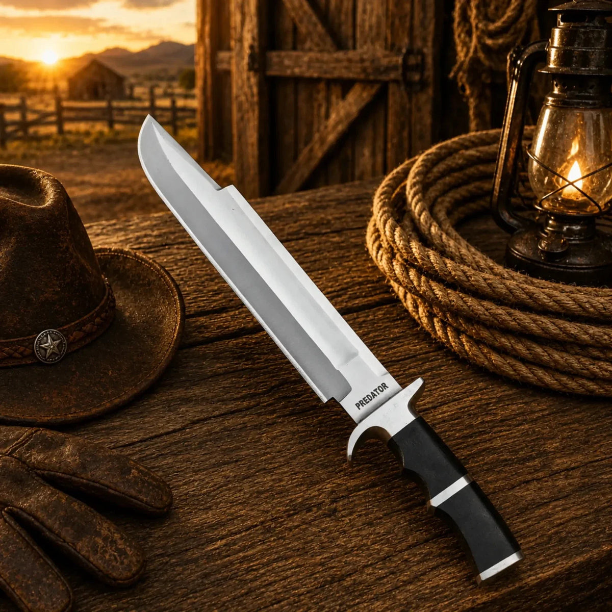 SHAM KNIVES Predator Bowie Knife with 5160 spring steel blade and leather sheath, featuring a rugged, durable design.
