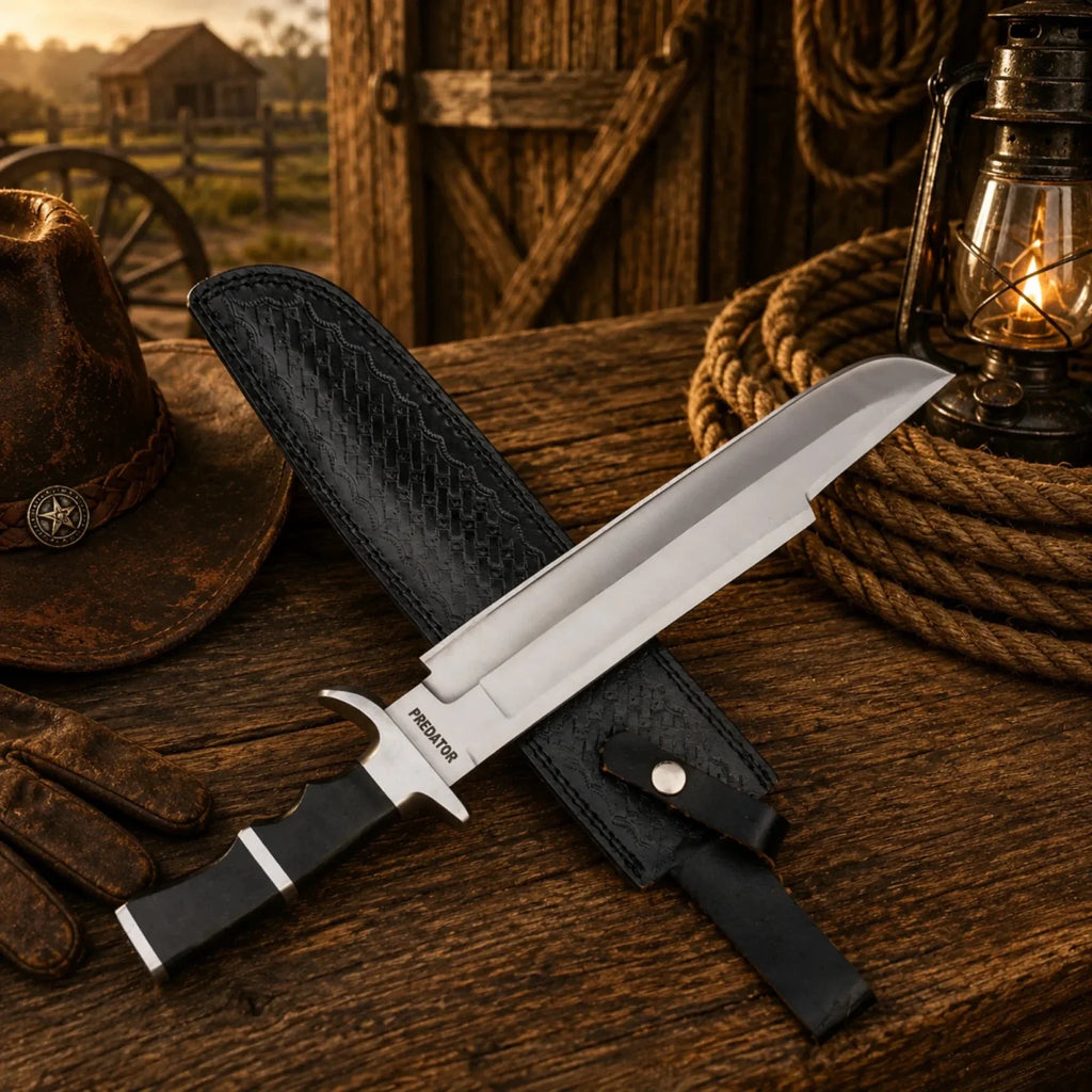 SHAM KNIVES Predator Bowie Knife with 5160 spring steel blade and leather sheath, featuring a rugged, survival-ready design.