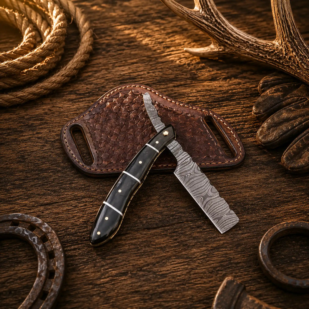 Damascus steel straight razor with a buffalo horn handle, featuring a folding design and leather sheath by cskforged.