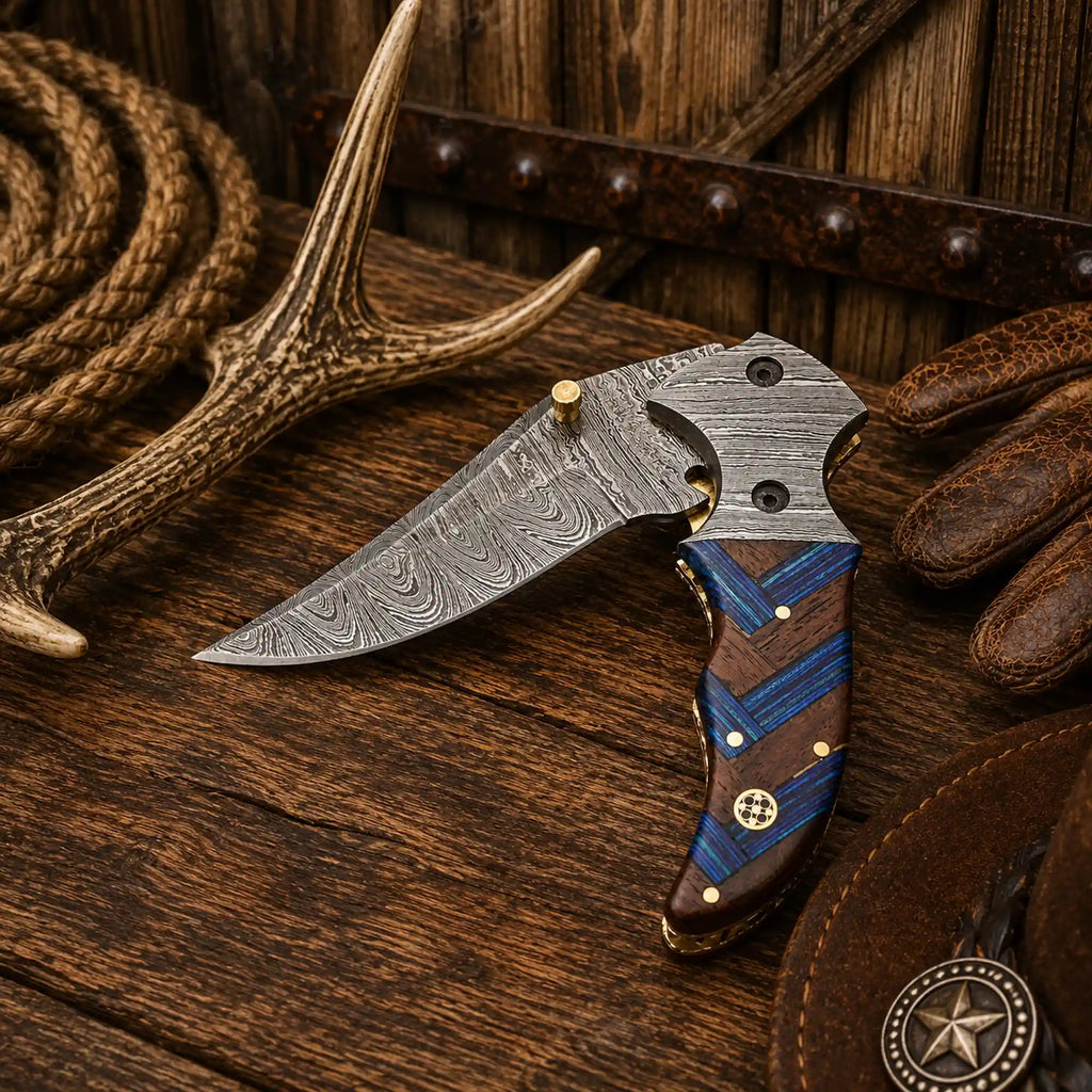 Western cowboy folding pocket knife by SHAM KNIVES with Damascus steel blade and compact wood handle, ideal for everyday carry.