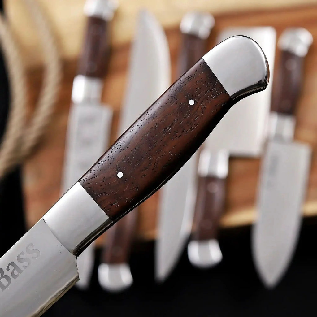 6-Piece High Carbon Steel Kitchen Knife Set with Leather Roll Olive Wood Handles, Steel Bolsters, 7 to 12 Inc