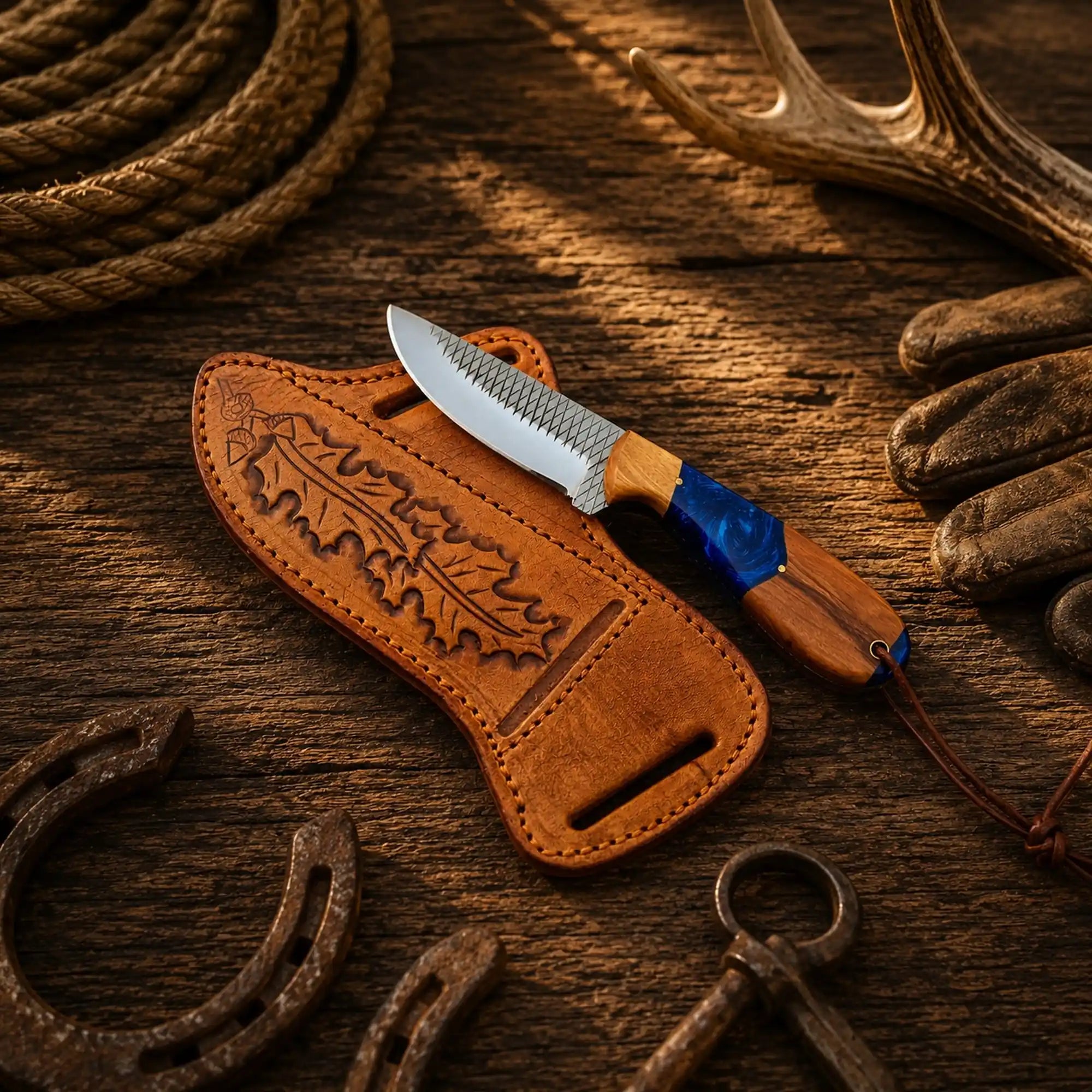 Pro Rodeo Cowboy Knife – 3.75” Forged Rasp Steel, Epoxy Ash Wood Handle