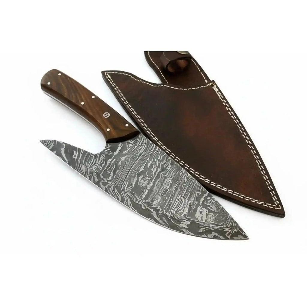 Handmade Fire Pattern Damascus Camp Utility Knife – 12” Fixed Blade with Rosewood Handle & Leather Sheath