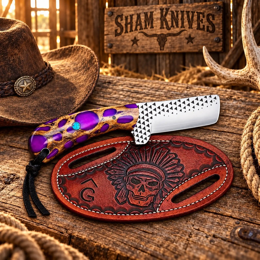 Purple Cholla Cactus Cowboy Bull Cutter rasp steel outdoor fixed blade knife - Relic & Reel
