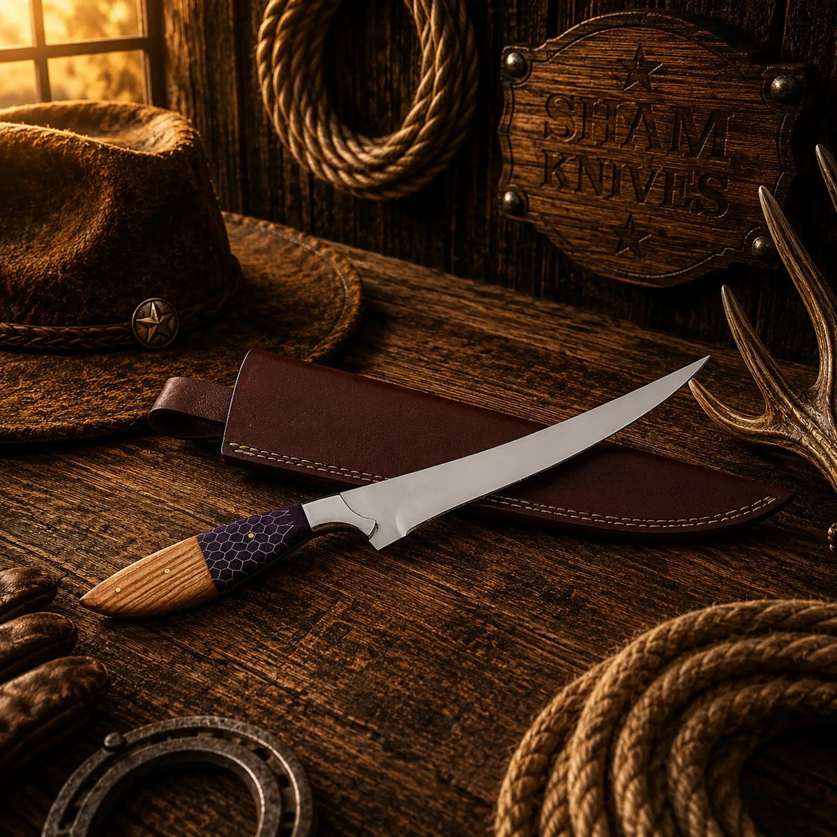 D2 Steel Fillet Knife with Purple Honeycomb and Ash Wood Handle - SHAM KNIVES | Relic & Reel