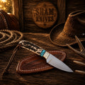 SHAM KNIVES Ranch Buckaroo Knife with 3-inch D2 steel blade, stag handle accents, and turquoise inlay in a leather sheath.