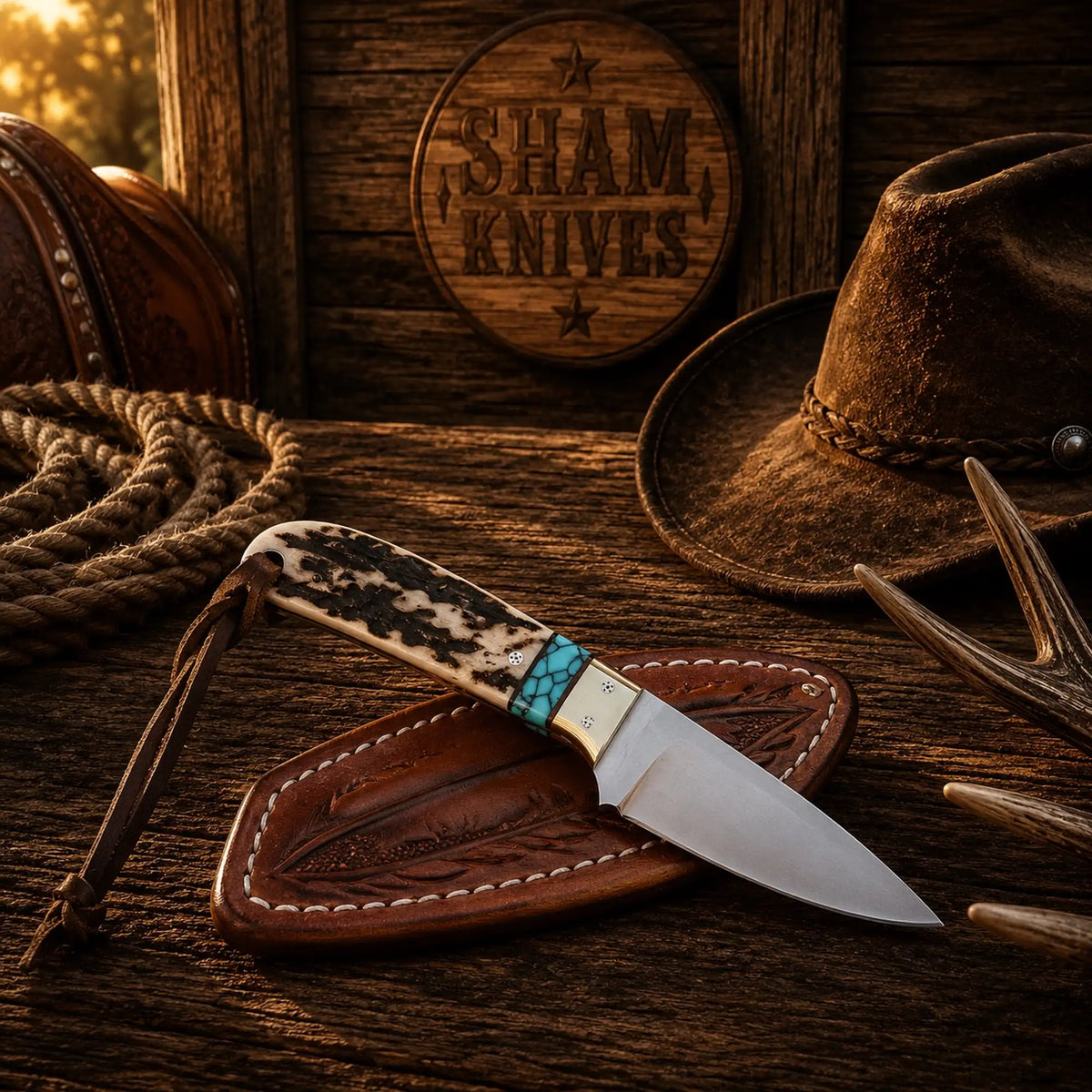 SHAM KNIVES Ranch Buckaroo Knife with 3-inch D2 steel blade, stag handle accents, and turquoise inlay in a leather sheath.
