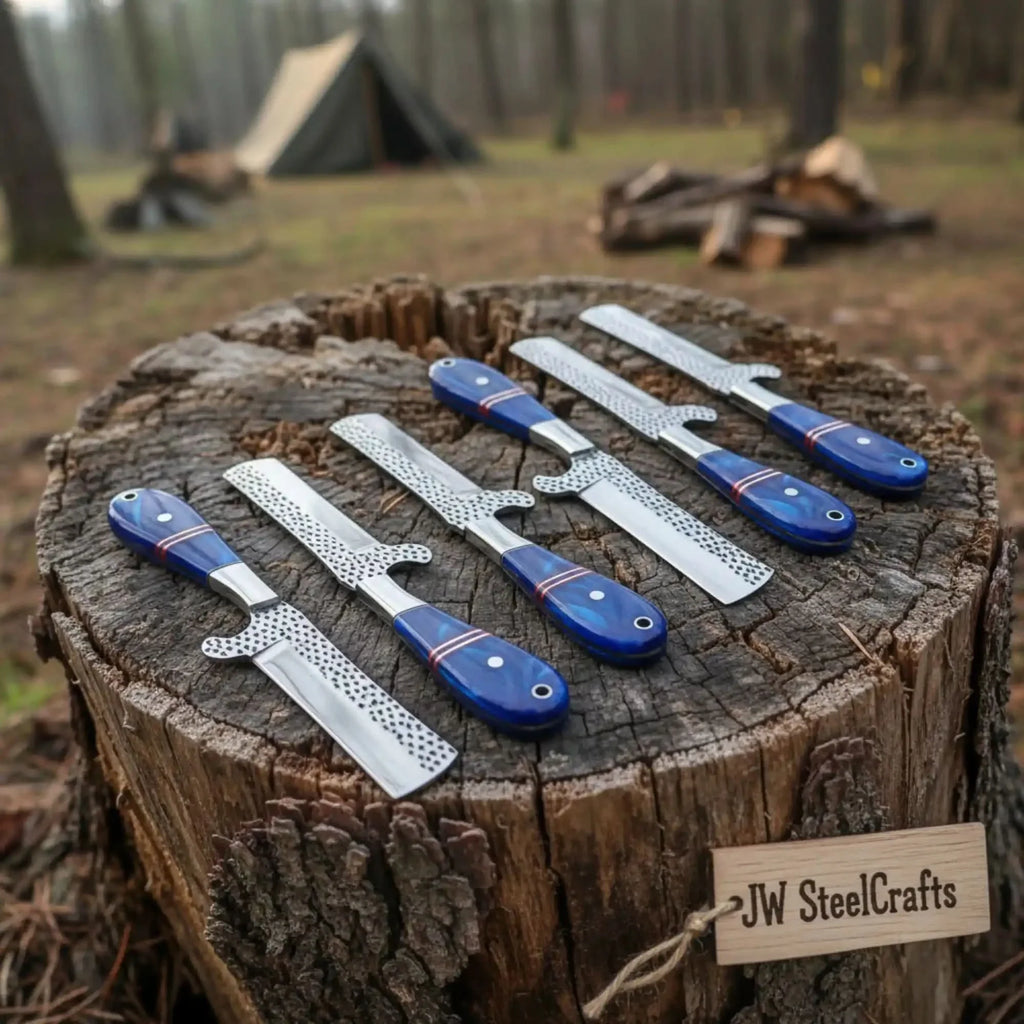 Handmade 6-Piece Ranch Bull Cutter Knife Set with Blue Resin Handles