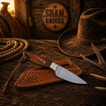 SHAM KNIVES Rancher Rosewood Buckaroo Skinning Knife with 3-inch D2 steel blade and leather belt sheath.