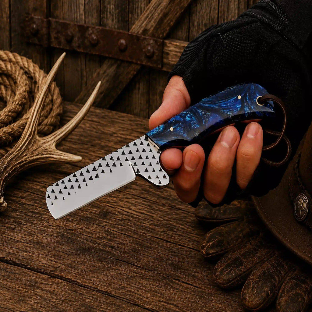 SHAM KNIVES cowboy Rasp File D2 steel bull cutter knife with blue epoxy resin handle and pancake sheath, outdoor survival tool