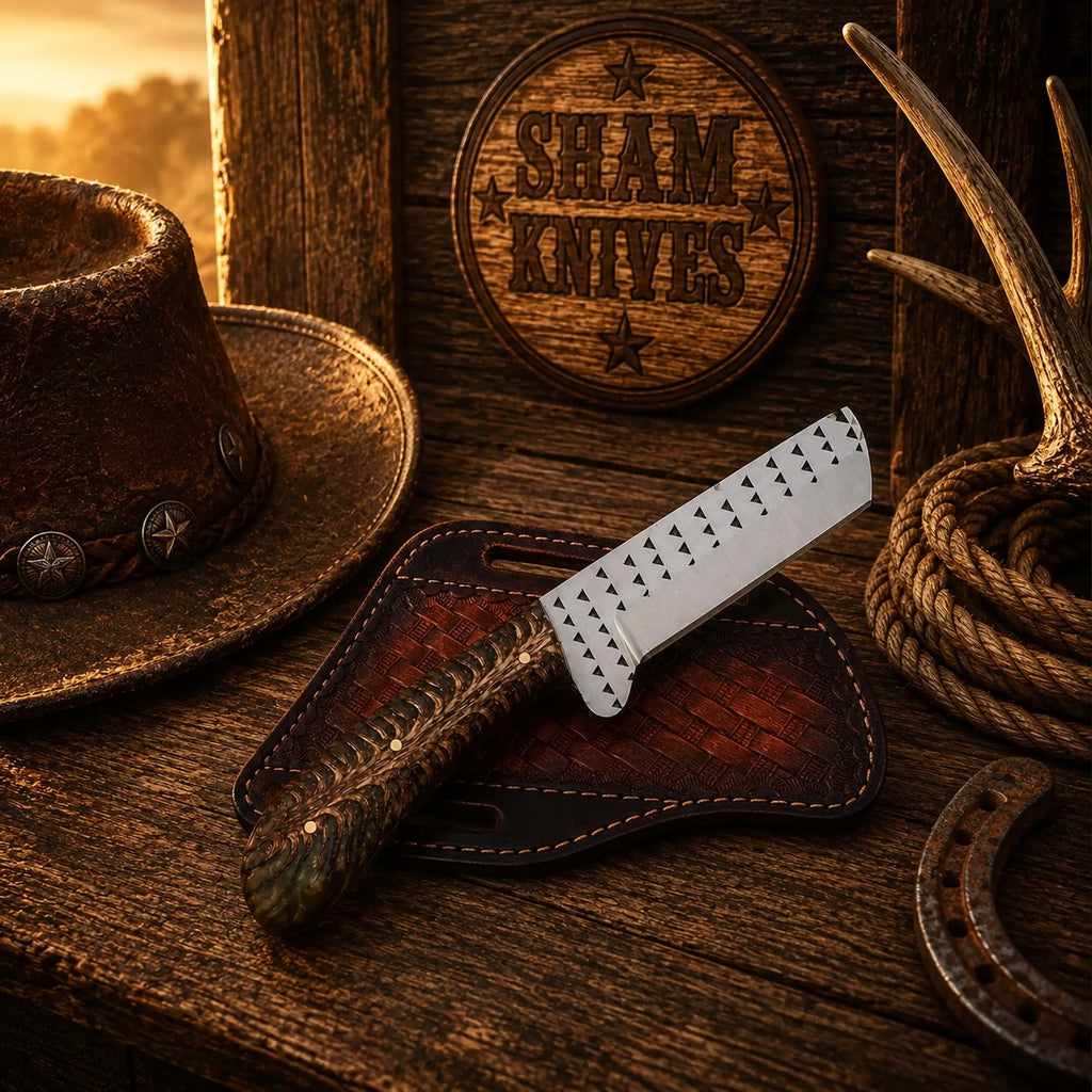 SHAM KNIVES Bull Cutter knife with rasp steel blade and pine cone resin handle for field dressing and outdoor tasks.