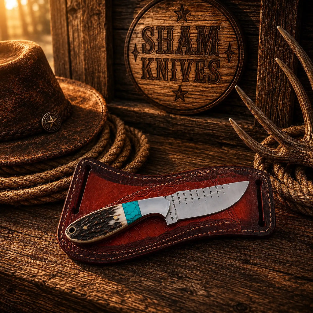 Western cowboy knife with stag handle, turquoise accents, rasp steel blade, and cross-draw sheath by SHAM KNIVES.