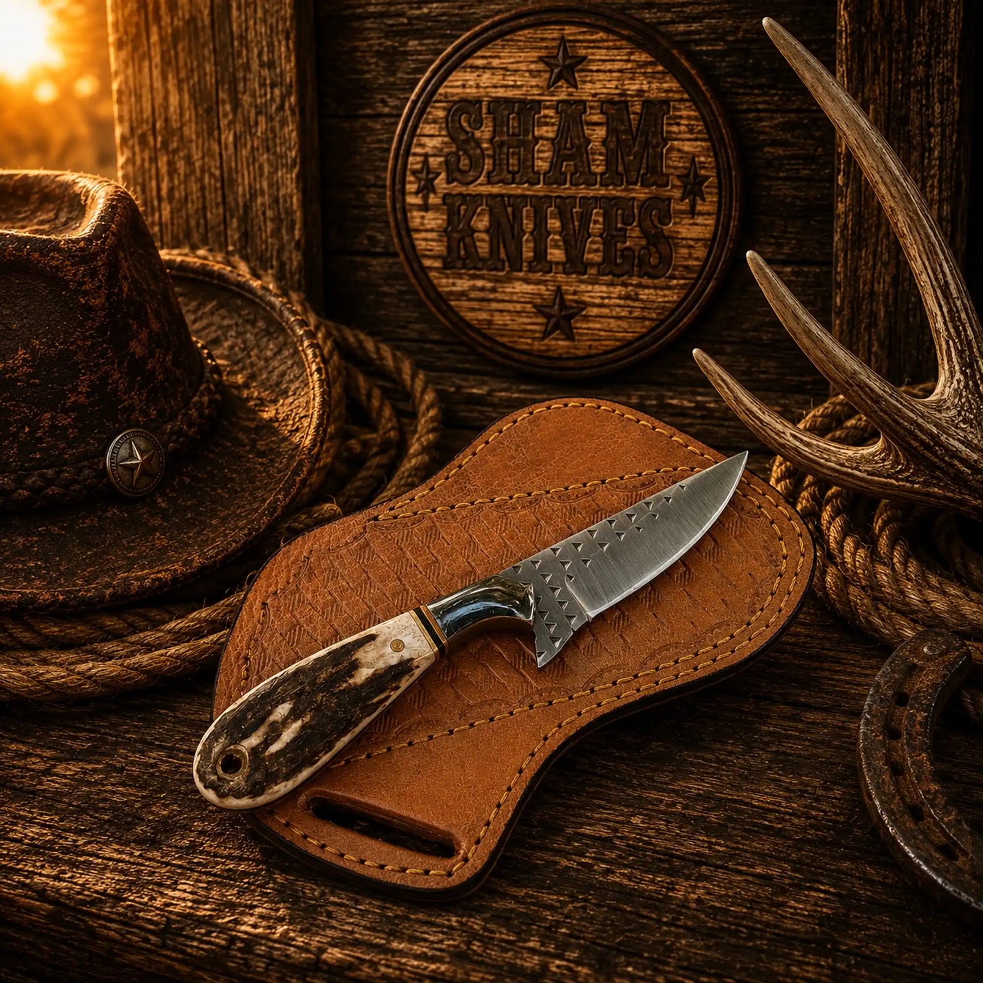 Cowboy Rasp Steel Knife – 3.25″ Stag Handle & Pancake Sheath