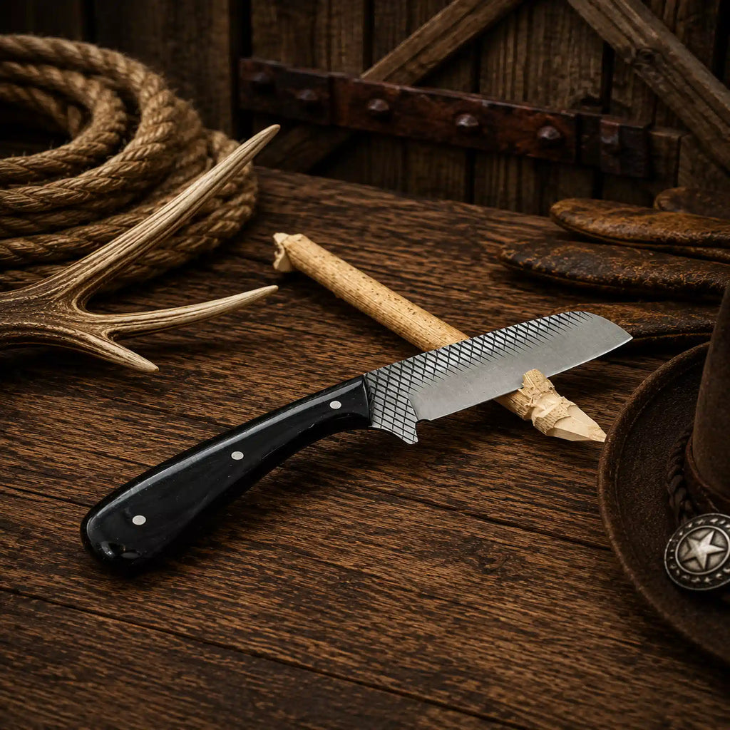 SHAM KNIVES Rodeo Carry Cowboy Knife with 3.75-inch blade and buffalo horn handle, featuring a rustic, handcrafted design.