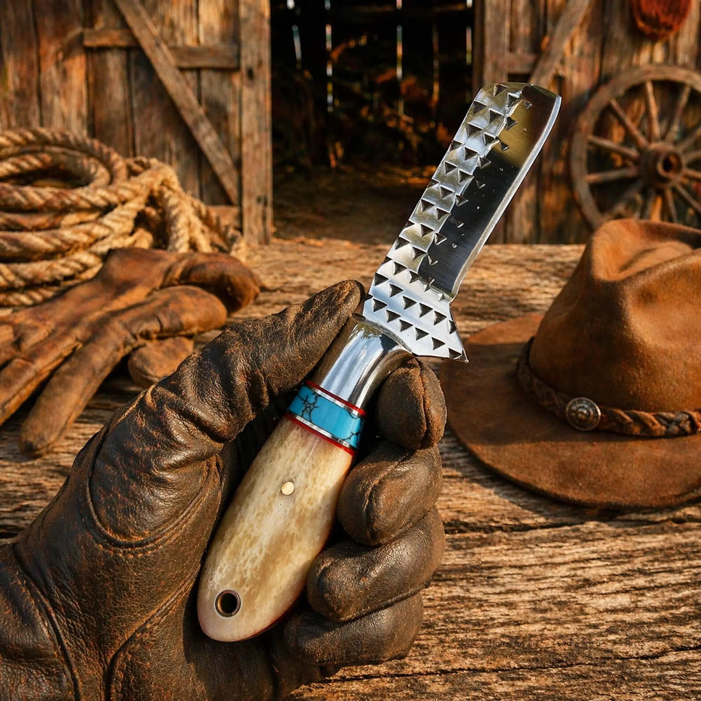 Handmade Rasp Steel Cowboy Knife by SHAM KNIVES with turquoise and camel bone handle, leather sheath for rugged outdoor use.