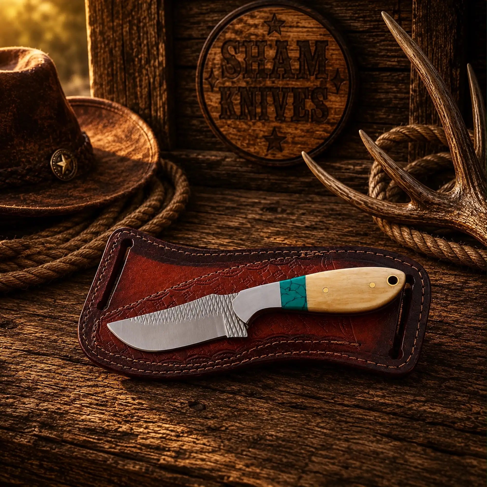 Rasp Steel Drop Point Knife – Bone, Turquoise & Cross-Draw Sheath