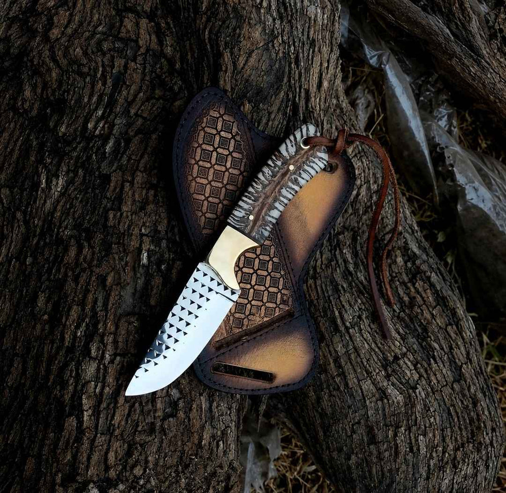 Rasp Steel Cowboy Knife – 8" Skinner with Pine Cone Handle & Crossdraw Sheath