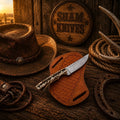 SHAM KNIVES Rasp Steel Ranch Skinning Knife with stag handle and pancake sheath, designed for outdoor game skinning and field dressing.