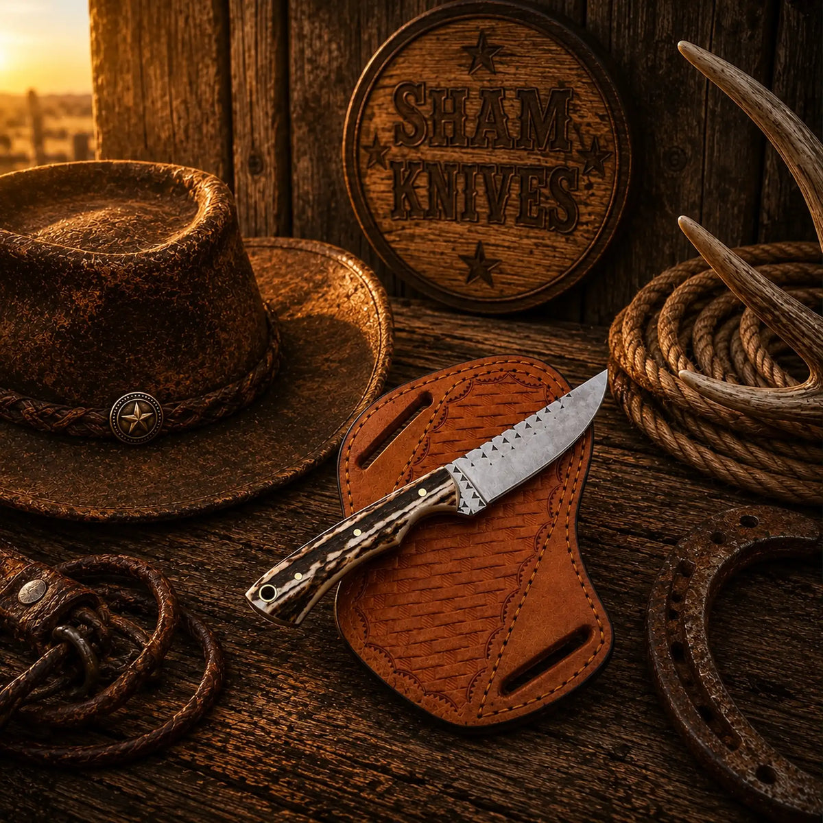 SHAM KNIVES Rasp Steel Ranch Skinning Knife with stag handle and pancake sheath, designed for outdoor game skinning and field dressing.