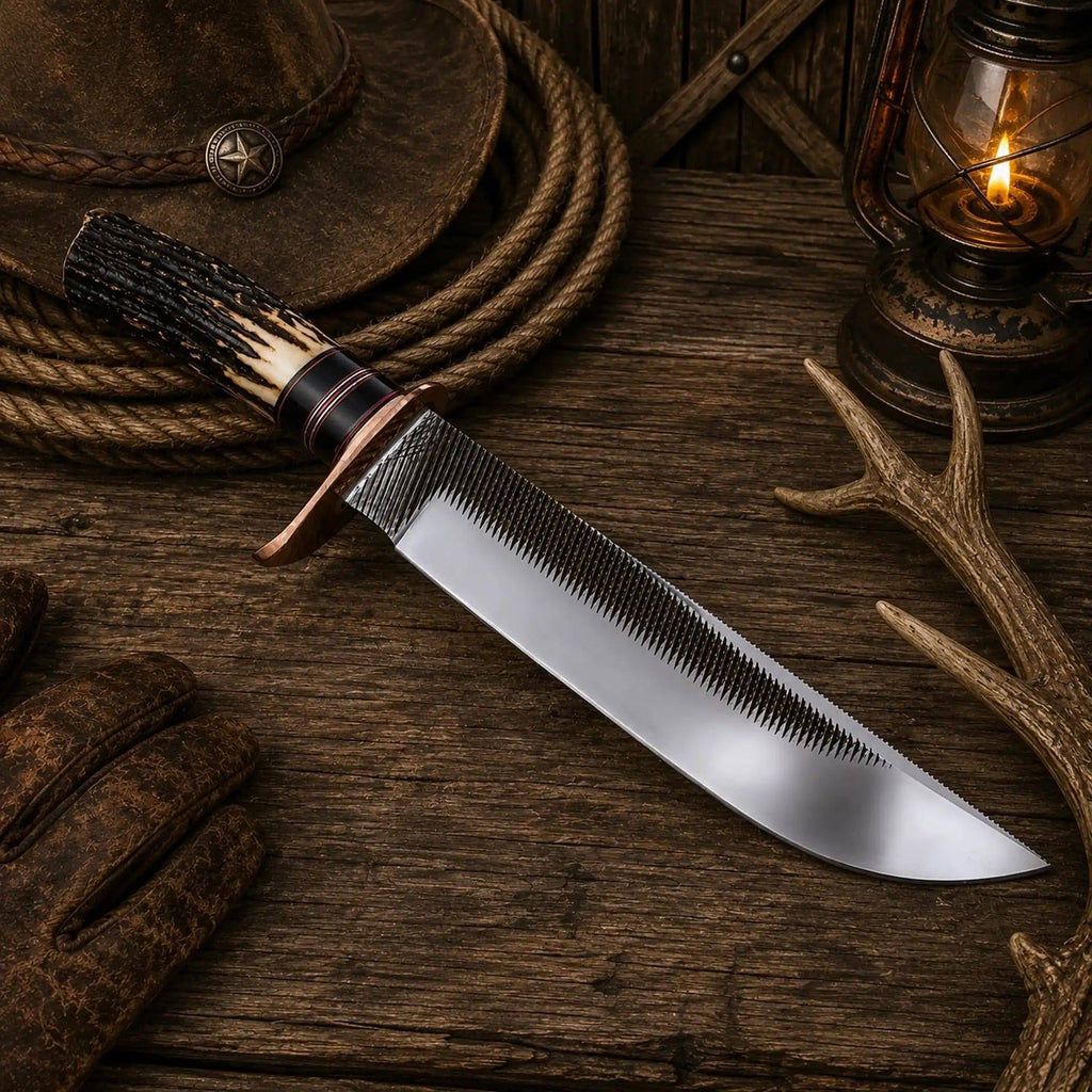 16-inch Bowie knife with rasp steel blade and antler horn handle by SHAM KNIVES, showcasing its rugged design and craftsmanship.