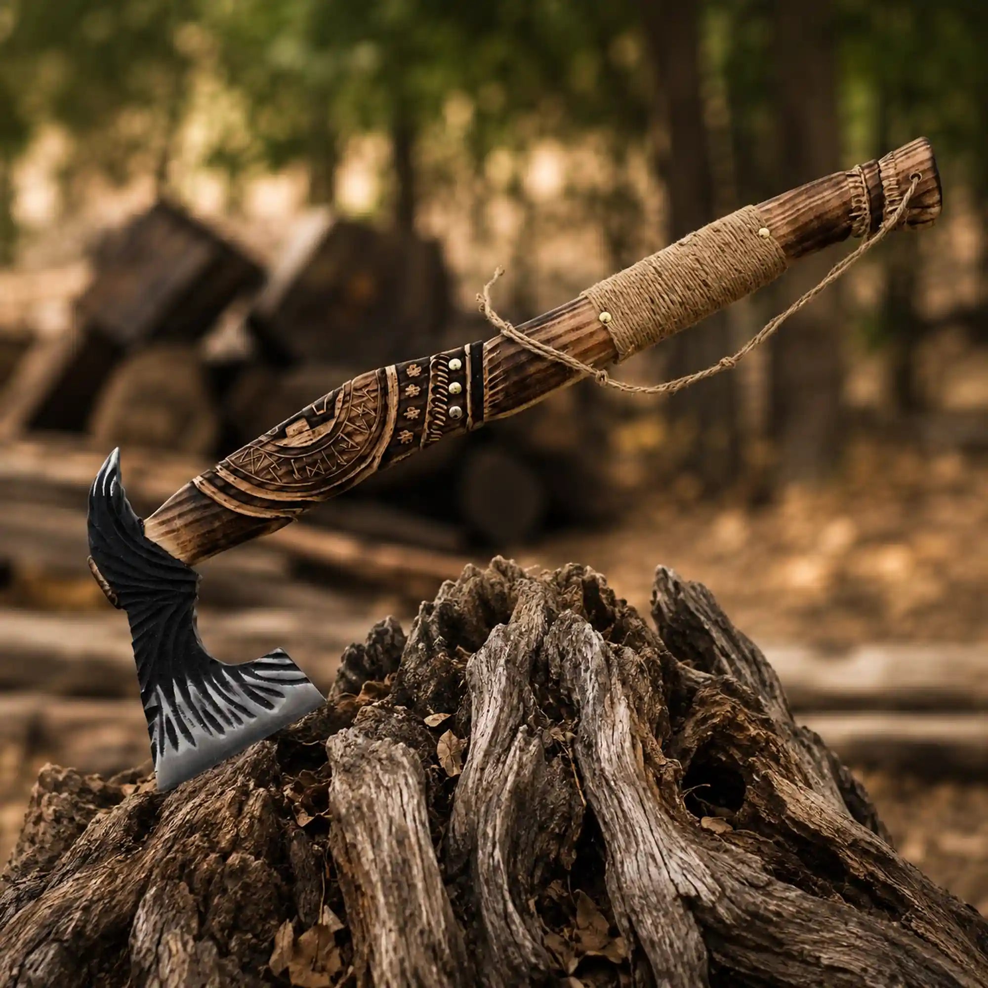 Raven Feather Viking Axe – Hand-Forged 1075 Steel Bearded Axe, Carved Rope-Wrapped Handle