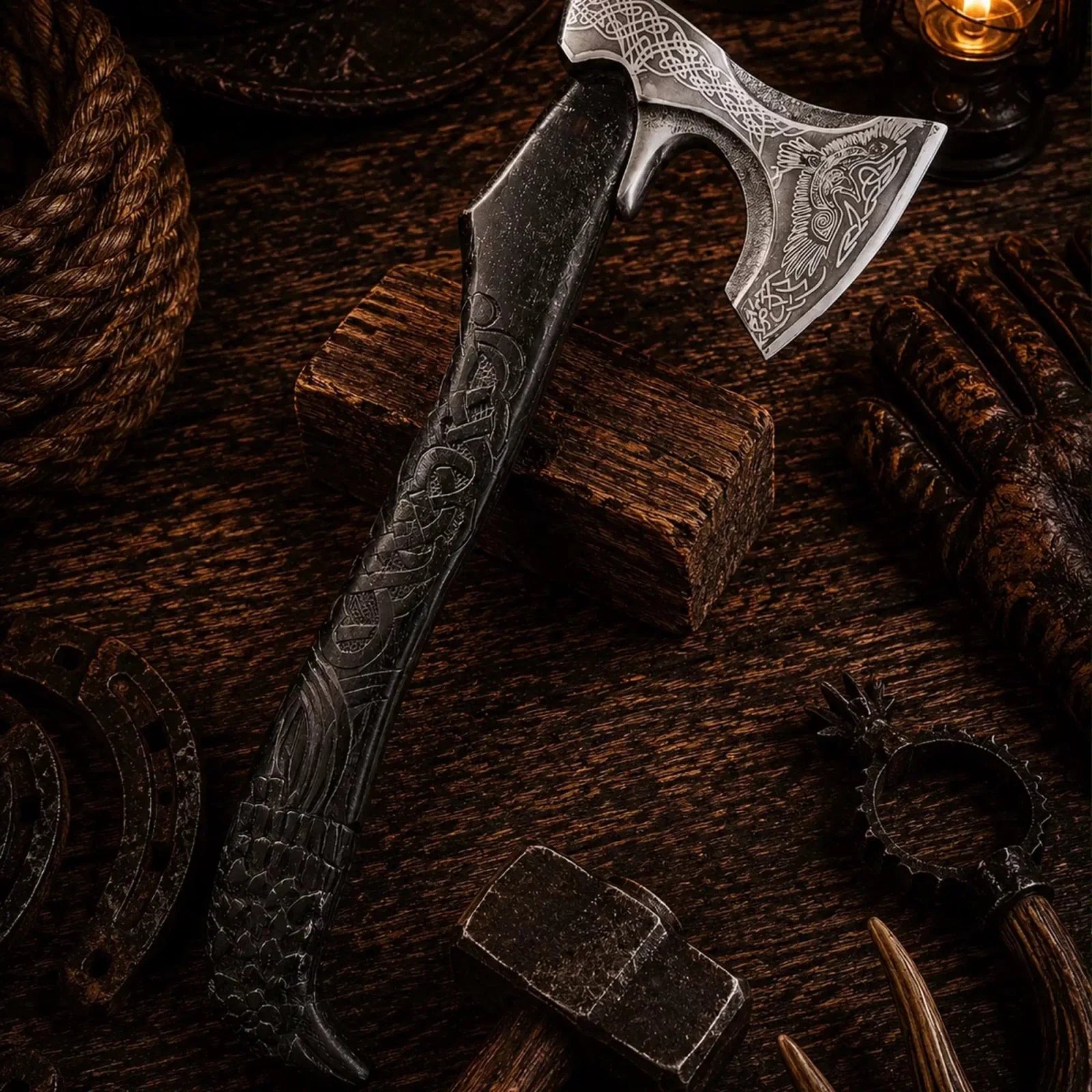 Raven Viking Axe – 1095 Carbon Steel with Hand Carved Ash Handle